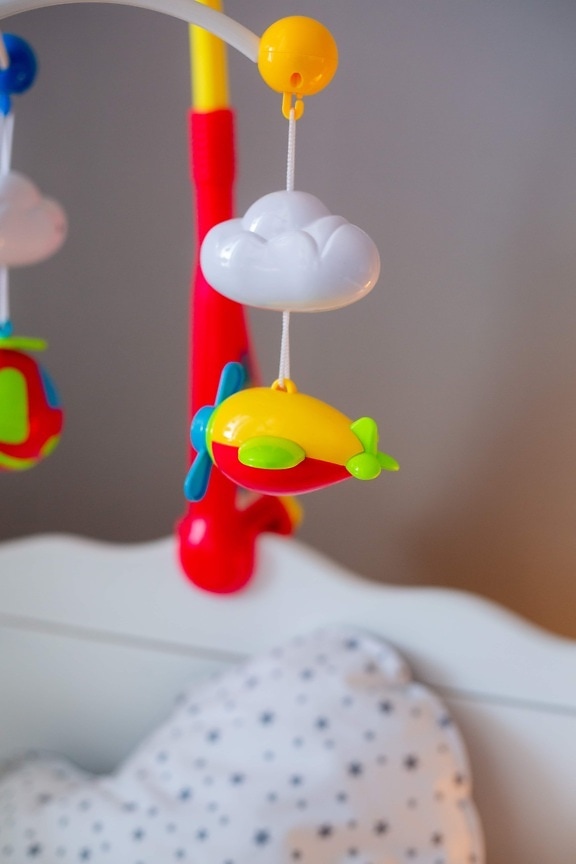 jouets, bébé, plastique, aeroplano, nuage, suspendu, jouet, à l'intérieur, amusement, couleur