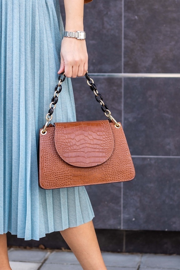 brown, handbag, leather, holding, woman, skirt, fashion, elegant, glamour, portrait