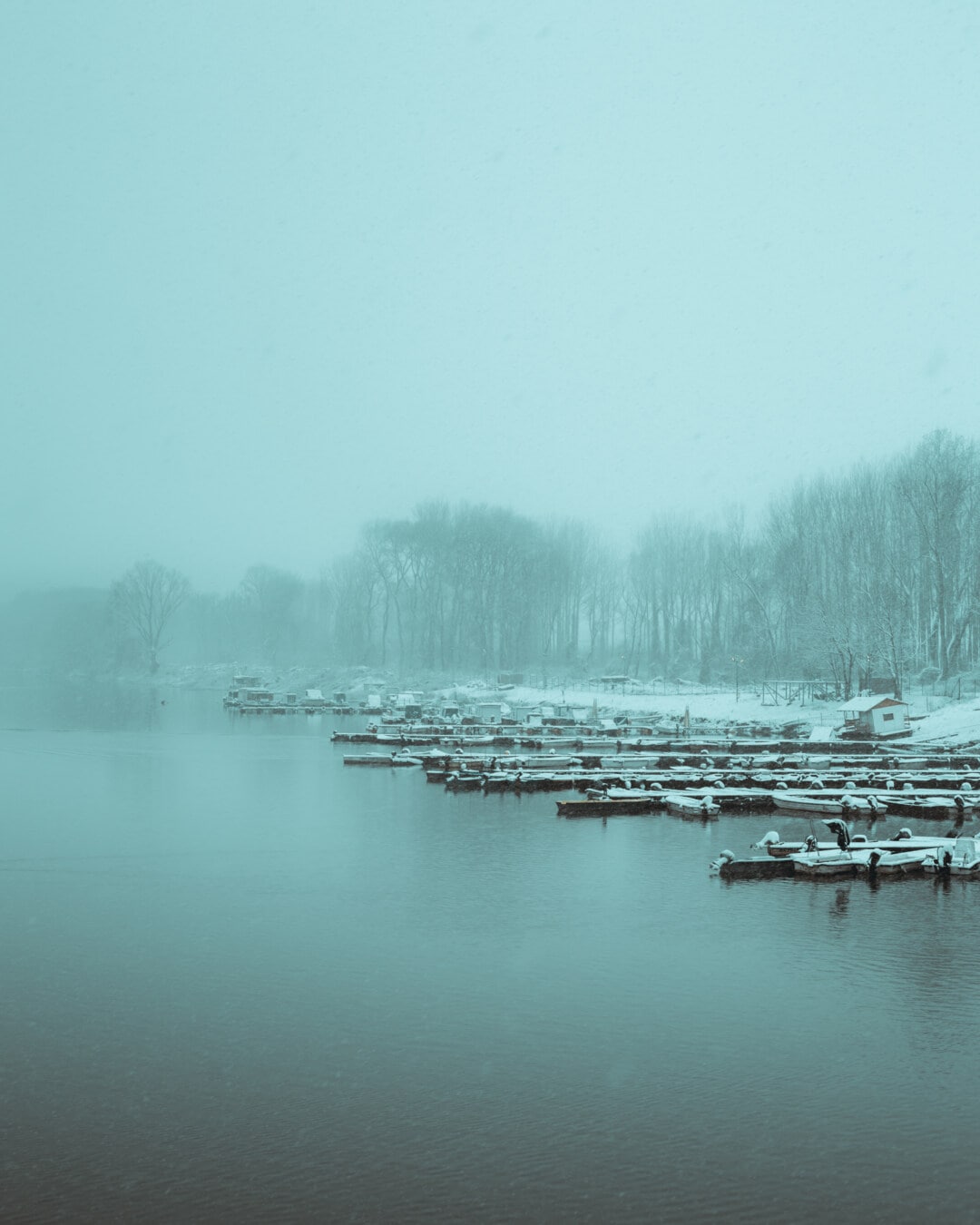 mlha, ráno, zimní, jezera, listopadu, říční loď, molo, voda, mlha, sníh