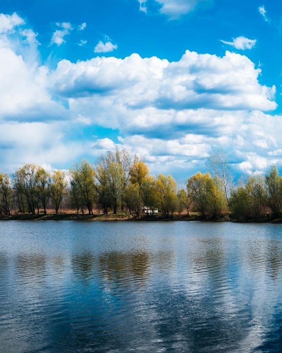 lakeside, blue sky, reflection, spring time, clouds, majestic, placid, landscape, lake, shore