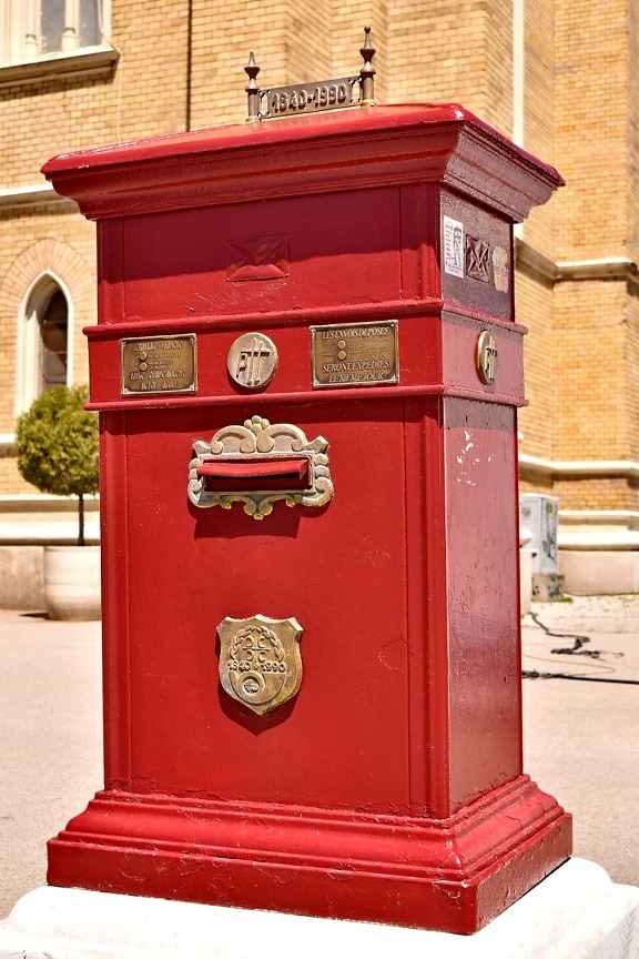 mailbox, old fashioned, street, red, cast iron, iron, brass, box, architecture, antique
