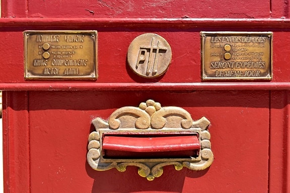 mail slot, classic, mailbox, old fashioned, paint, red, brass, old, cast iron, rust