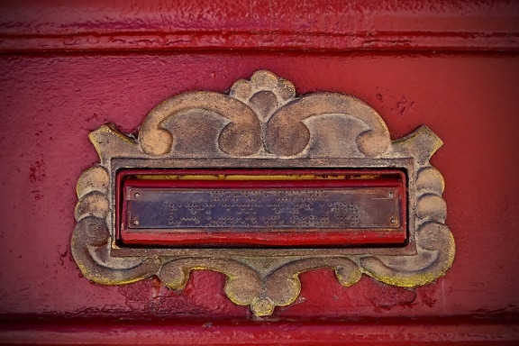 mail slot, mailbox, close-up, metal, brass, paint, red, old, box, antique
