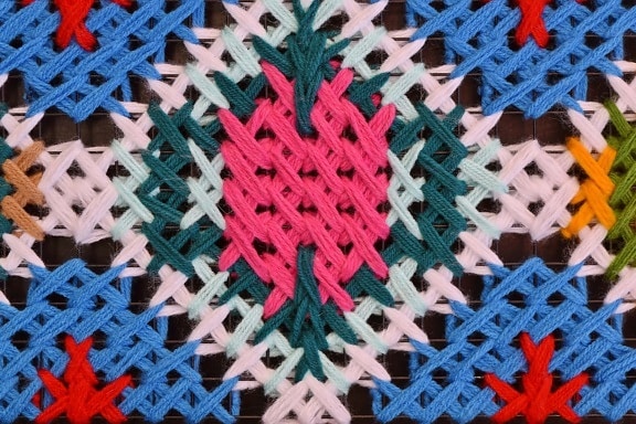 fibra, hilo de rosca, lana, geométrica, tradicional, diseño, patrón de, artesanía, mosaico de, tela