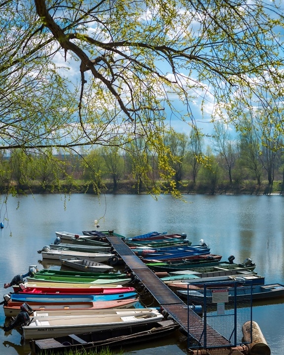 river boat, pier, motorboat, boats, spring time, lakeside, boat, lake, water, outdoors