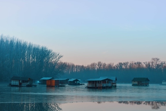 lakeside, frozen, cold water, winter, water, ice water, foggy, boathouse, lake, shed