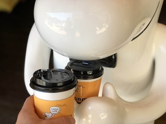 kaffe, kaffemugg, plast, robot, apparaten, moderna, futuristiska, frukost, koffein, cappuccino