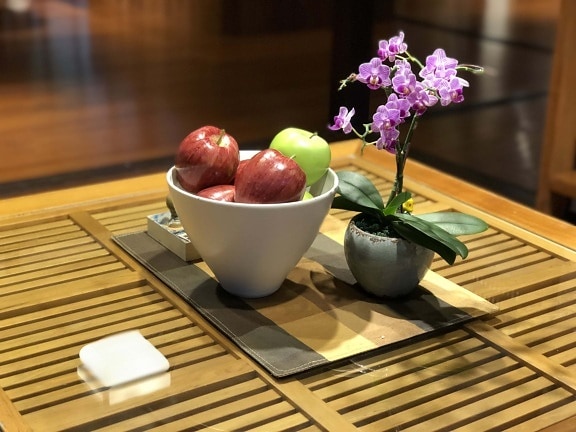apples, bowl, orchid, flowerpot, apple, interior design, indoors, wood, table, breakfast