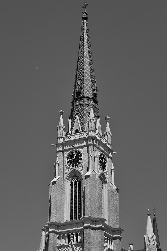 church, gothic, church tower, monochrome, black and white, tower, cathedral, covering, clock, landmark