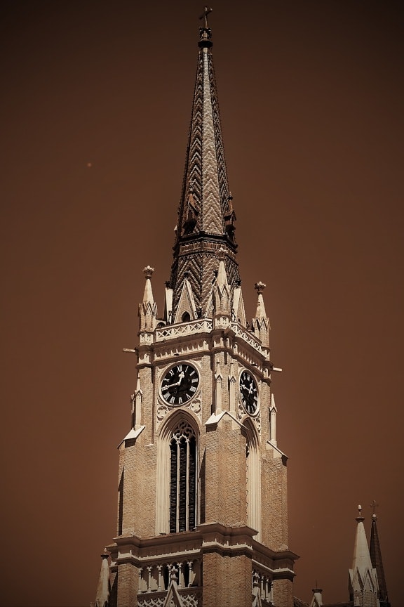 sépia, gothique, steeple, horloge analogique, cathédrale, historique, culture, patrimoine, point de repère, église