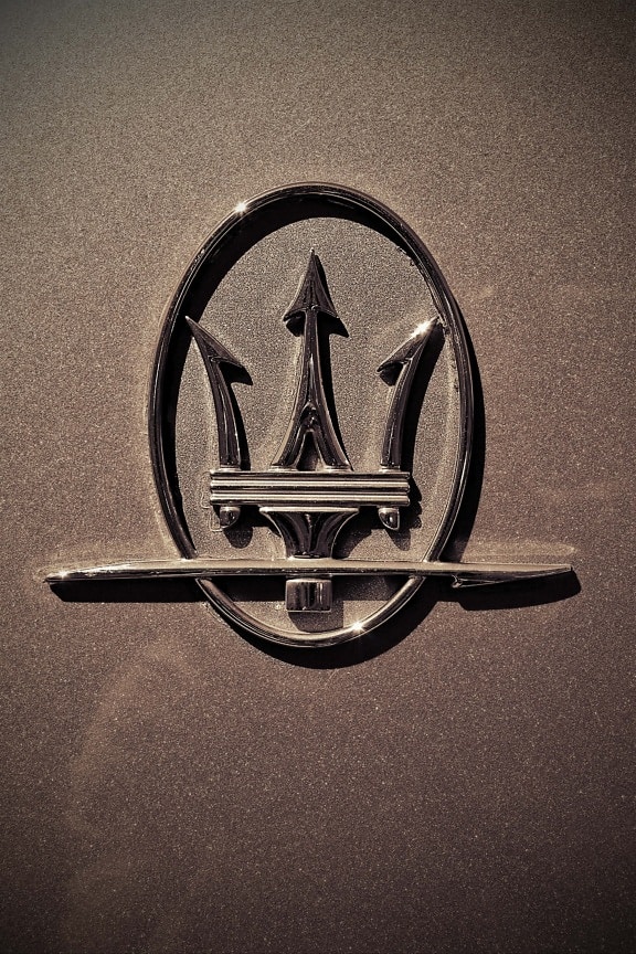 Maserati, luxe, symbool, auto, teken, chroom, metalen, metaal, schijnend, glanzend, textuur