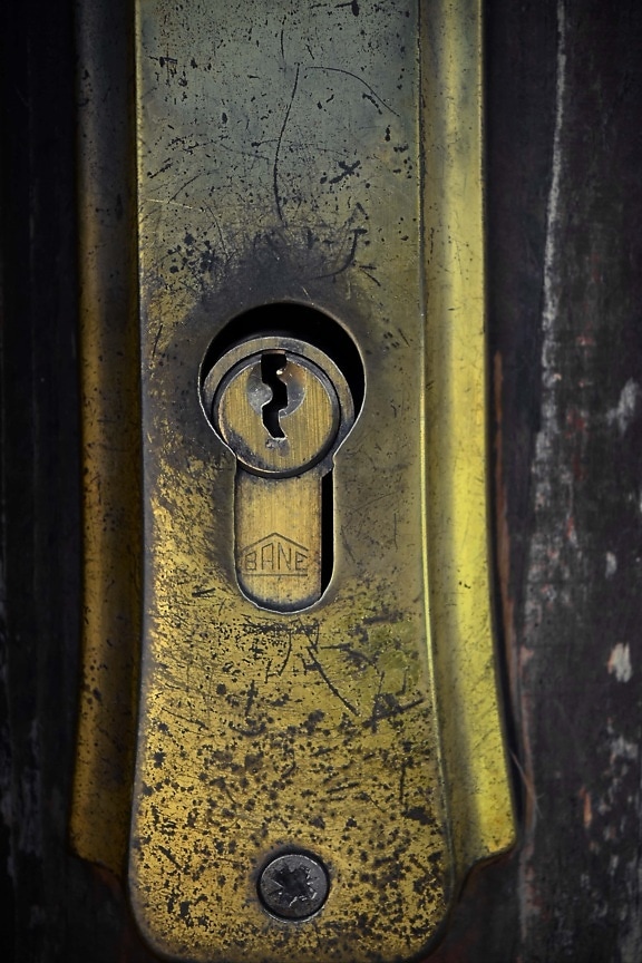 Mosiądz, dziurka od klucza, świecący, metaliczne, błyszcząca, złoty połysk, drzwi, blokada, stary, bezpieczeństwa