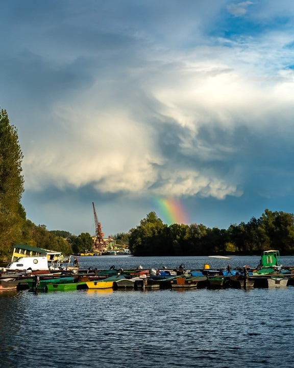 boats, motorboat, shipyard, ship, harbor, clouds, atmosphere, rainbow, blue sky, water