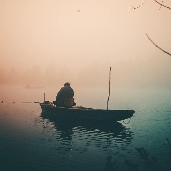 Halász, horgászcsónak, halászati, alkonyat, ködös, hideg, ősz, víz, horizont, Hajnal