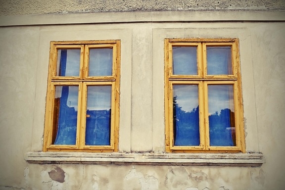 verlaten, venster, verval, oude, gevel, glas, gebouw, het platform, huis, hout