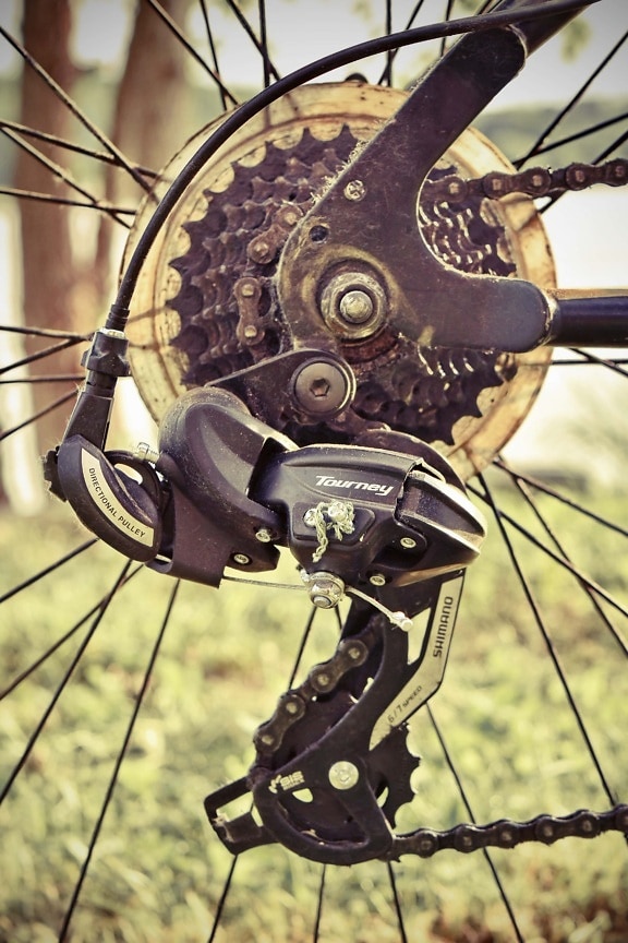 versnellingspook, mountainbike, versnelling, ketting, wiel, fiets, apparaat, fiets, wijnoogst, oude