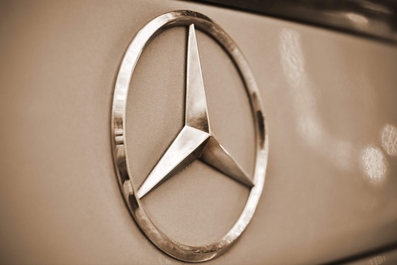 Mercedes Benz, sepia, symbol, car, sign, chrome, metallic, round, circle, nostalgia, luxury