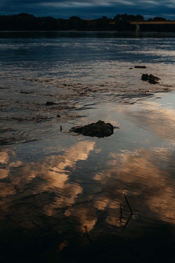 reflection, night, riverbank, tide, tide water, twilight, sand, sunset, beach, water