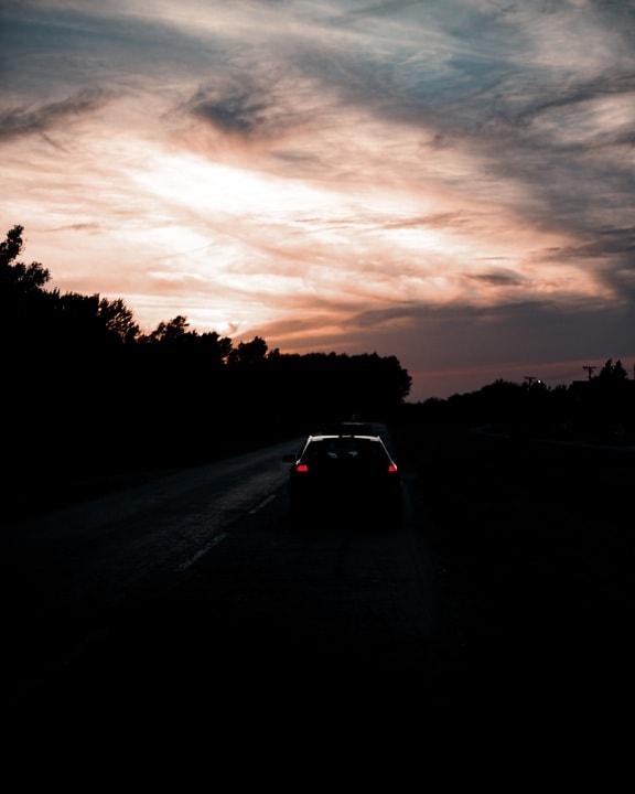 road, night, nightshade, car, asphalt, twilight, sunset, clouds, landscape, expressway