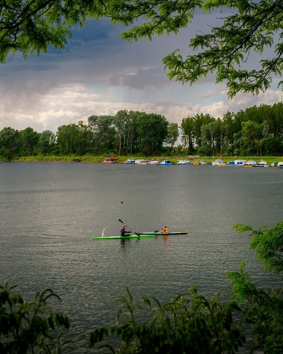 kayaking, kayak, water, lake, landscape, land, canoe, wetland, river, paddle