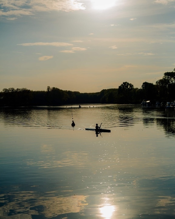 kayak, kayak, ombre, silhouette, garçon, coucher de soleil, majestueux, soirée, rivière, aube