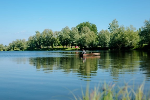 fisherman, fishing boat, lakeside, fair weather, national park, landscape, tree, lake, water, reflection