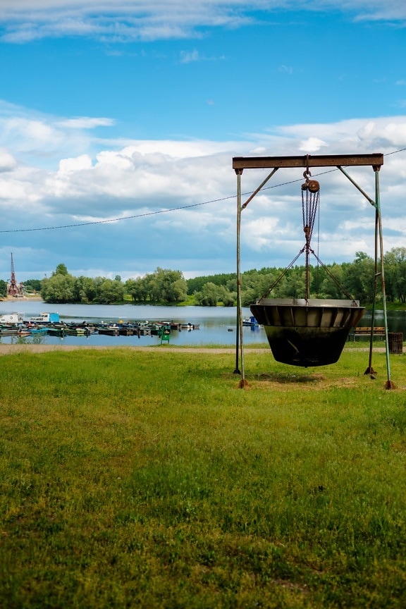 industrial, object, lakeside, outdoor, mechanism, water, summer, grass, nature, outdoors