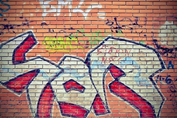 Стіна, цегли, графіті, покинуті, вандалізм, розпад, барвистий, міському районі, цегла, візерунок