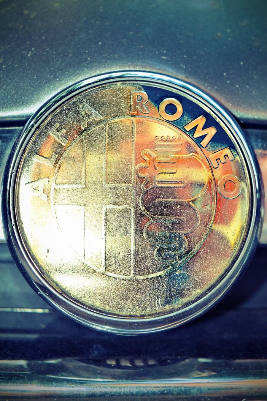 Alfa Romeo, symbol, podepsat, lesklý papír, zlatý lesk, chrom, kovové, svítí, auto, vozidlo