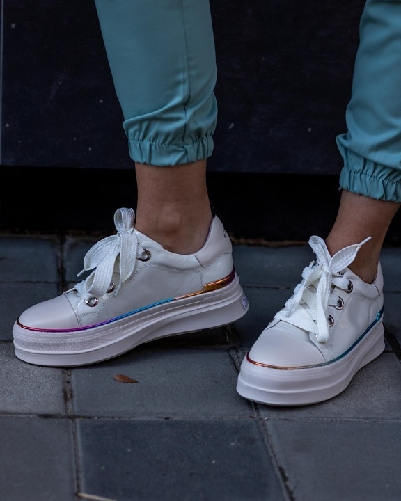 white, sneakers, fancy, jogging, leather, pair, fashion, footwear, covering, street