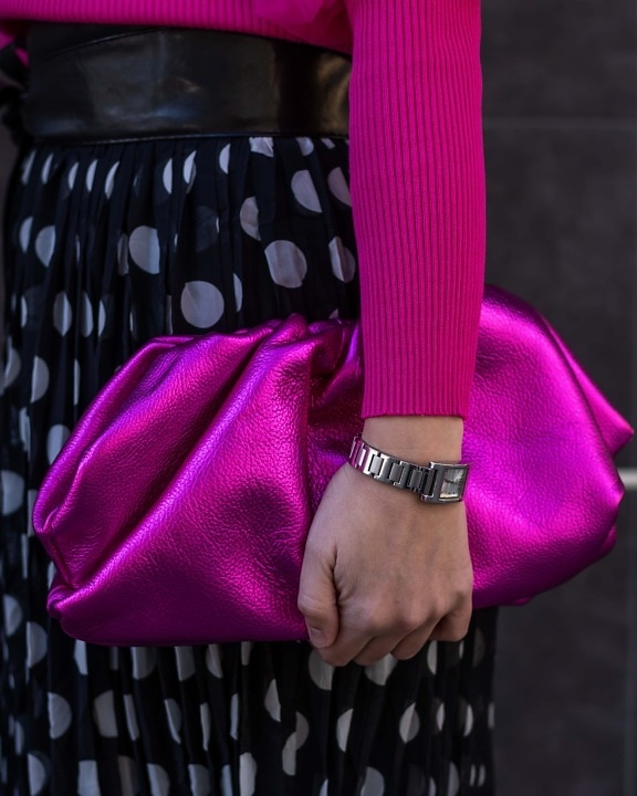 ceas de mână, roz, pulover, lucios, geantă de mână, roz, îmbrăcăminte, moda, elegant, fată