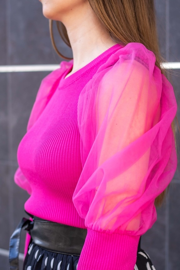 рамото, розово, пуловер, млада жена, представляват, хубава, жена, мода, случайни, сладък