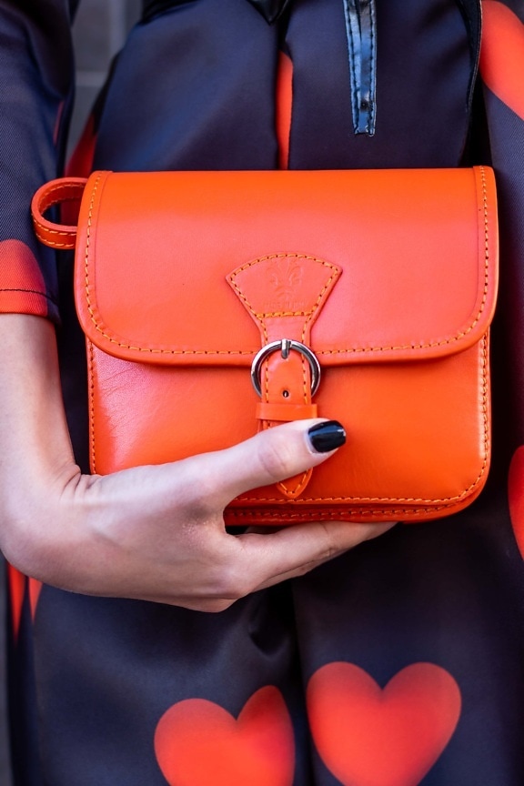 leather, orange yellow, handbag, fashion, style, outfit, holding, hand, woman, luggage