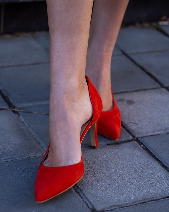 crveno, klasično, cipele, peta, bos, stopala, modni, djevojka, obuća, žena