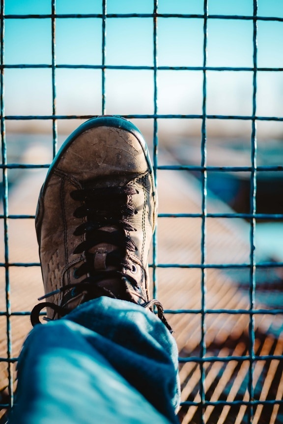 black, sneakers, dirty, footwear, leather, fence, wires, outdoors, wire, man