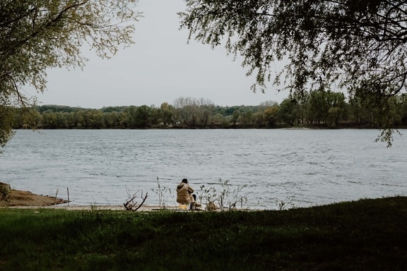 fisherman, riverbank, sitting, enjoyment, shore, tree, river, lake, landscape, water