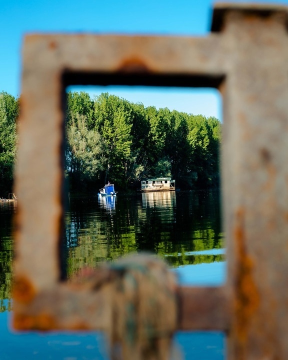 lakeside, pipe, rust, hole, water, nature, outdoors, wood, summer, boat