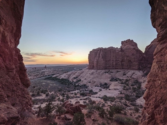 panorama, skymning, öken, kanjon, solnedgång, sten, dalen, sandsten, klippa, landskap