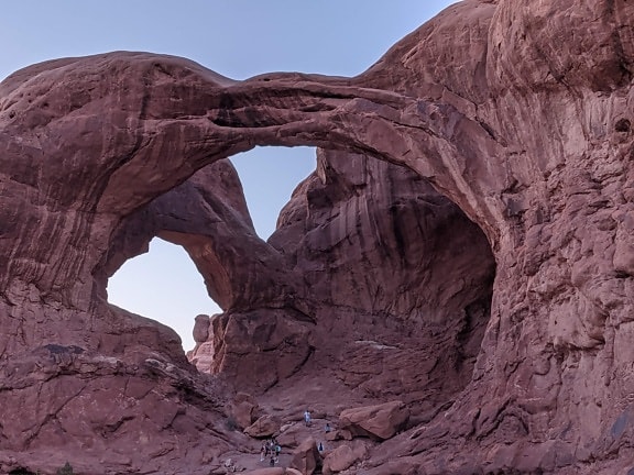 rocks, formation, arches, rock climber, desert, rock climbing, canyon, park, ravine, landscape