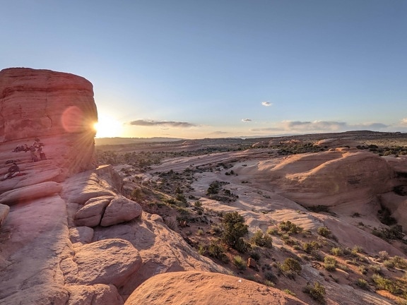 desert, sunset, backlight, sunlight, sunrays, panorama, majestic, rock, canyon, valley