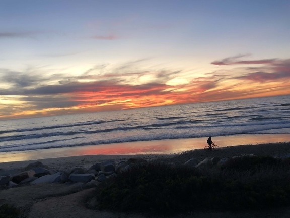sunset, beach, ocean, walking, alone, person, panorama, twilight, water, sun