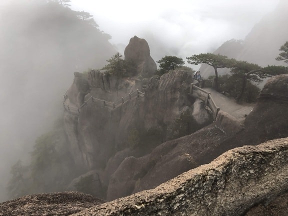 hiking, foggy, mountain climbing, mountain climber, mountainside, mist, mountain, landscape, fog, cliff