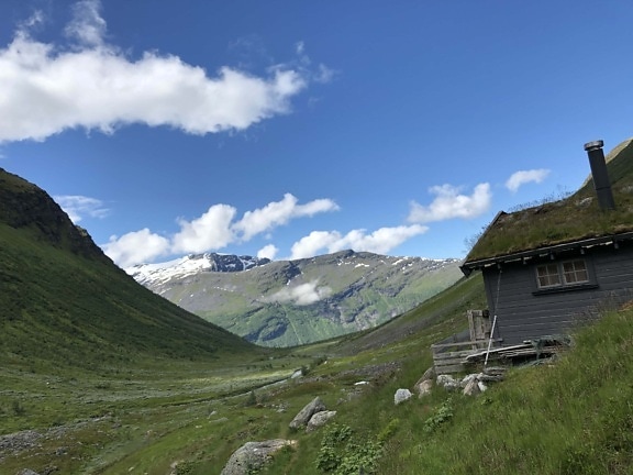 cottage, shed, valley, abandoned, bungalow, house, peak, mountain, high land, landscape