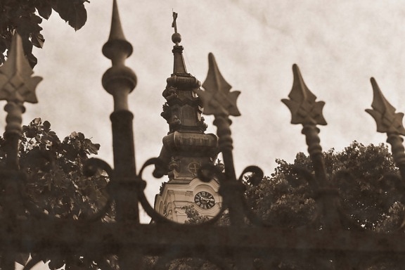 sepia, Torre de la iglesia, antiguo, flecha, punta de flecha, hierro fundido, cerca de, arquitectura, mezquita, religión