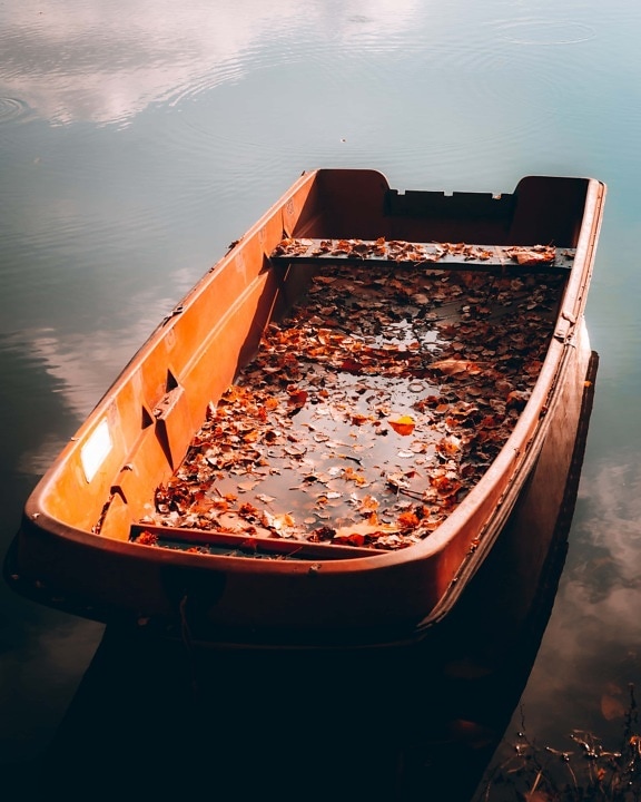 river boat, abandoned, boat, plastic, autumn season, water, vehicle, watercraft, people, light
