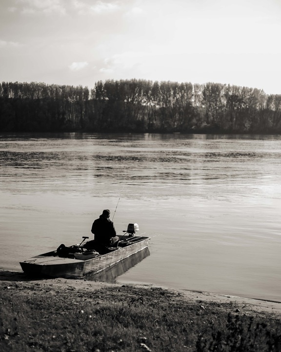 fishing boat, fisherman, black and white, monochrome, fishing rod, riverbank, river, fishing, river boat, people