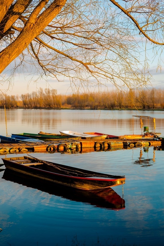 wooden, fishing boat, calm, water, lake, marina, boat, reflection, river, sunset