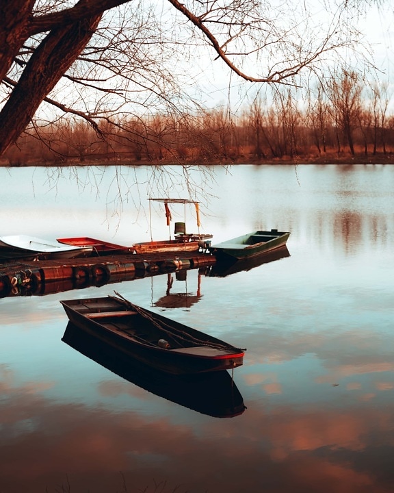river boat, river, riverbank, fishing boat, autumn season, lake, water, reflection, boat, sunset