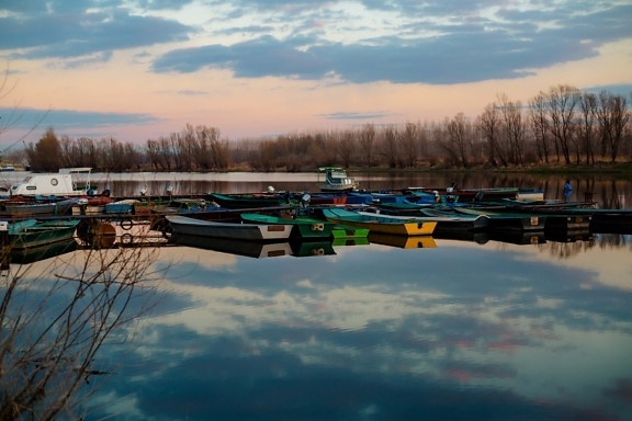 aube, bateaux, port, eau, réflexion, Lac, bateau, kayak, rivière, coucher de soleil