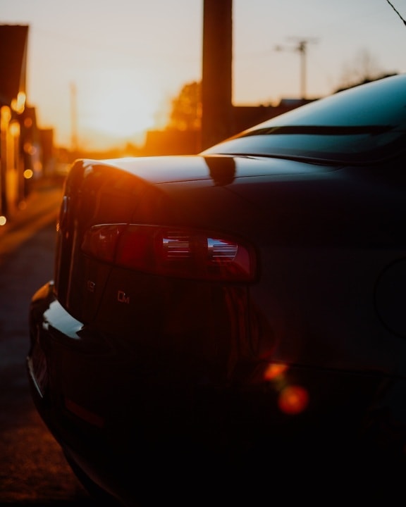 bumper, close-up, sedan, sunlight, backlight, sunset, glossy, transportation, device, car